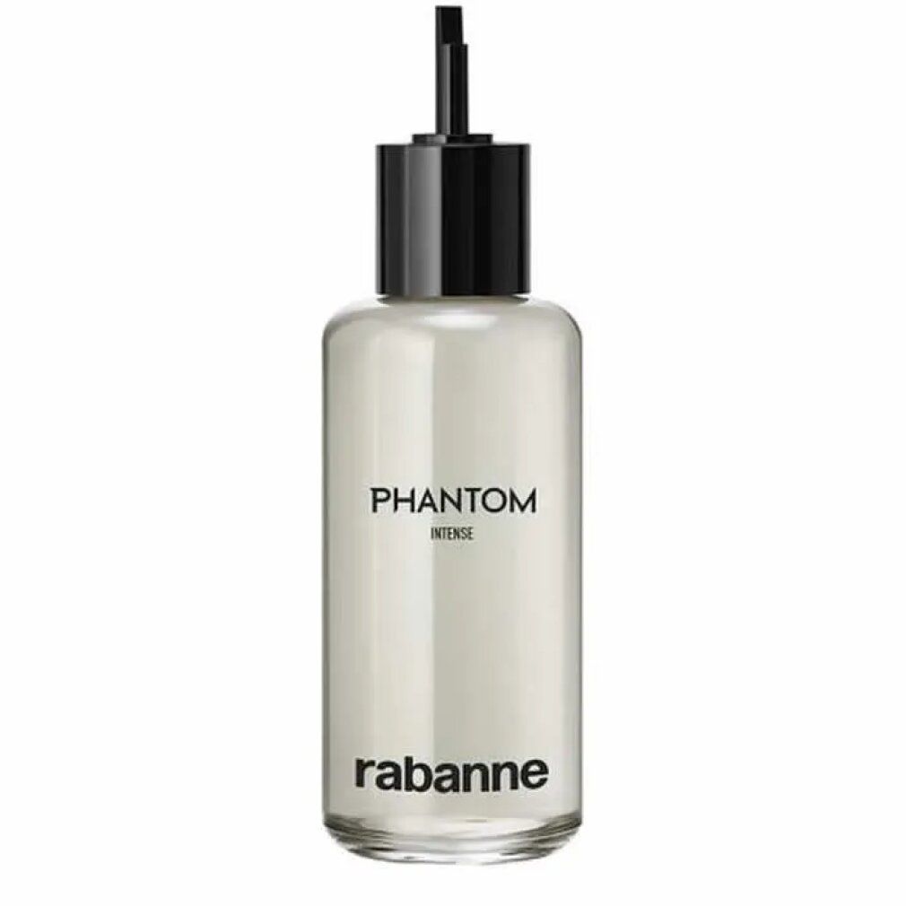Weißer Karton und Flakon. Flakon mit schwarzem Verschluss, Aufschrift Phantom Intense und Rabanne. Karton mit Text.