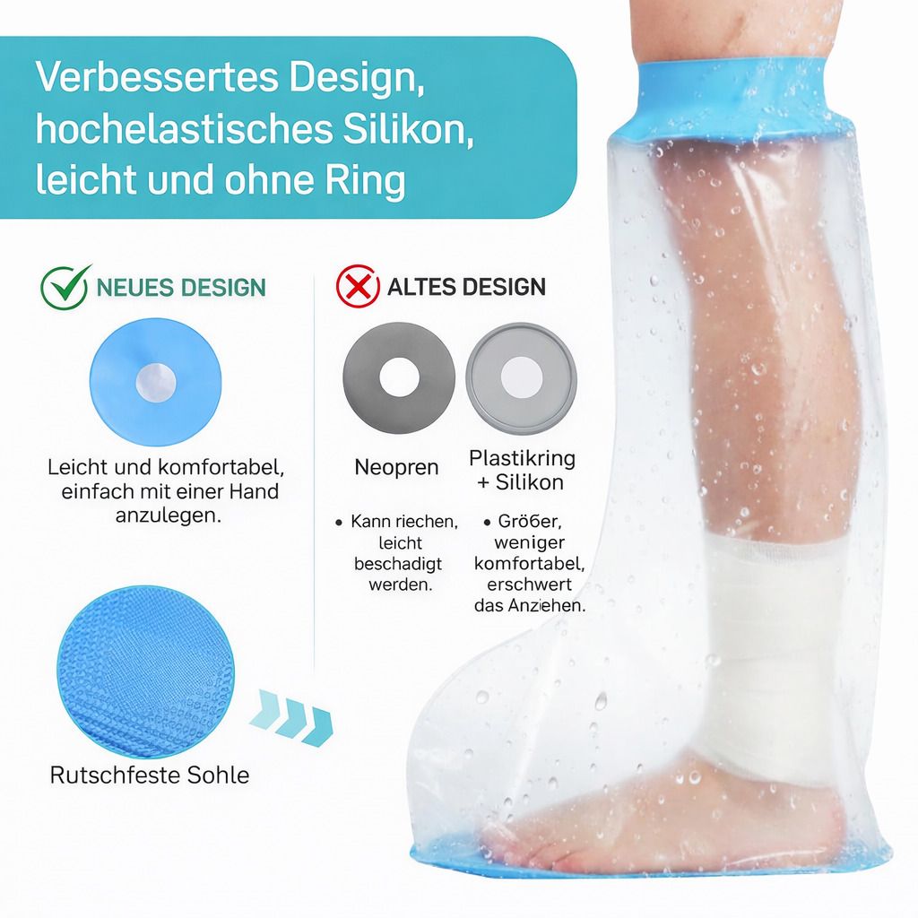 Duschschutzhülle für Bein. Bein mit Verband. Blaues Silikon. Rutschfeste Sohle. Neues Design. Vergleich mit altem Design.