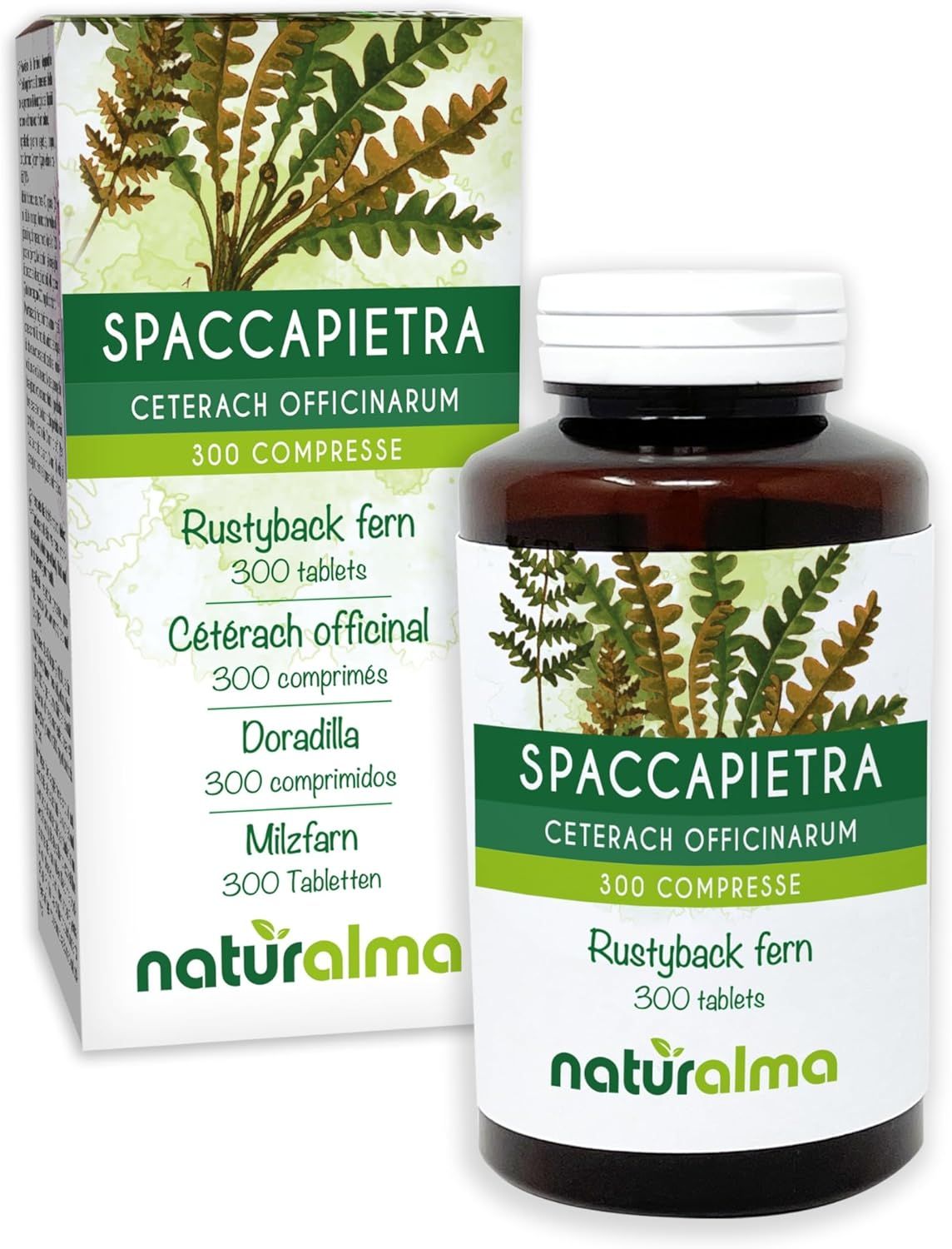 Tablettenflasche und Schachtel mit Produktinformationen. Logo Naturalma.