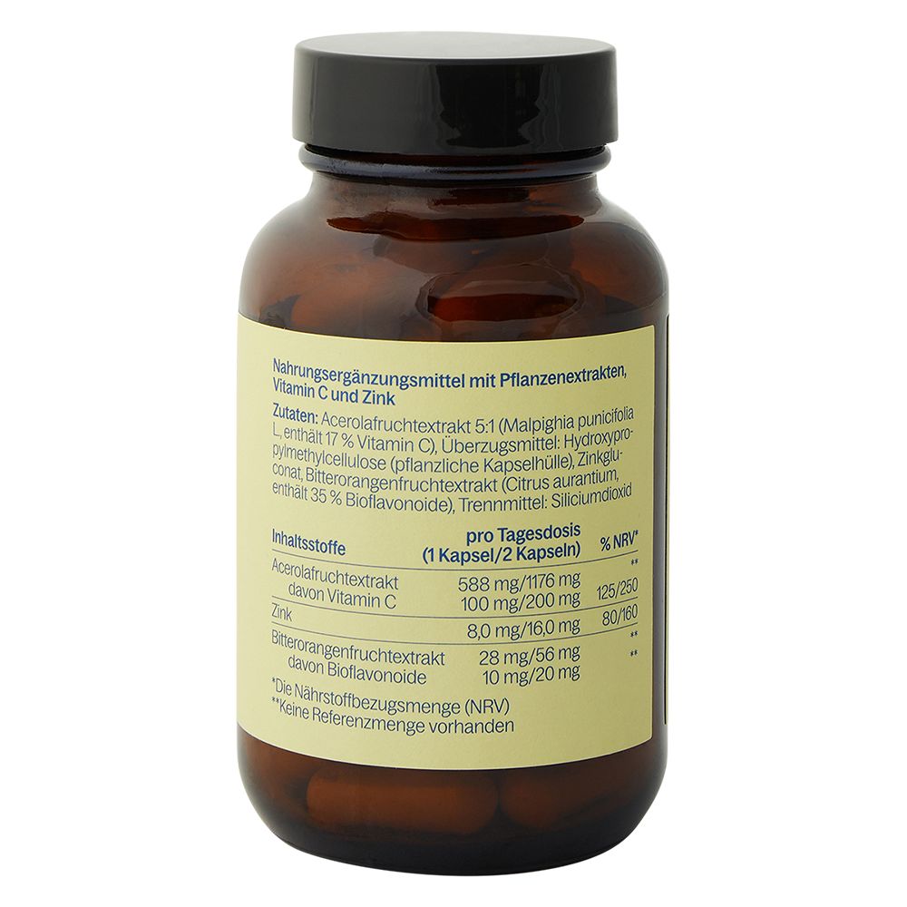 Rückseite einer braunen Glasflasche. Etikett mit Inhaltsstoffen, Nährwertangaben und Text in deutscher Sprache.