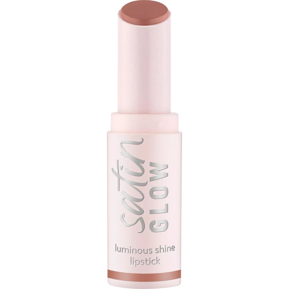 Lippenstift in rosa Hülse. Aufschrift: Satin Glow, luminous shine lipstick.