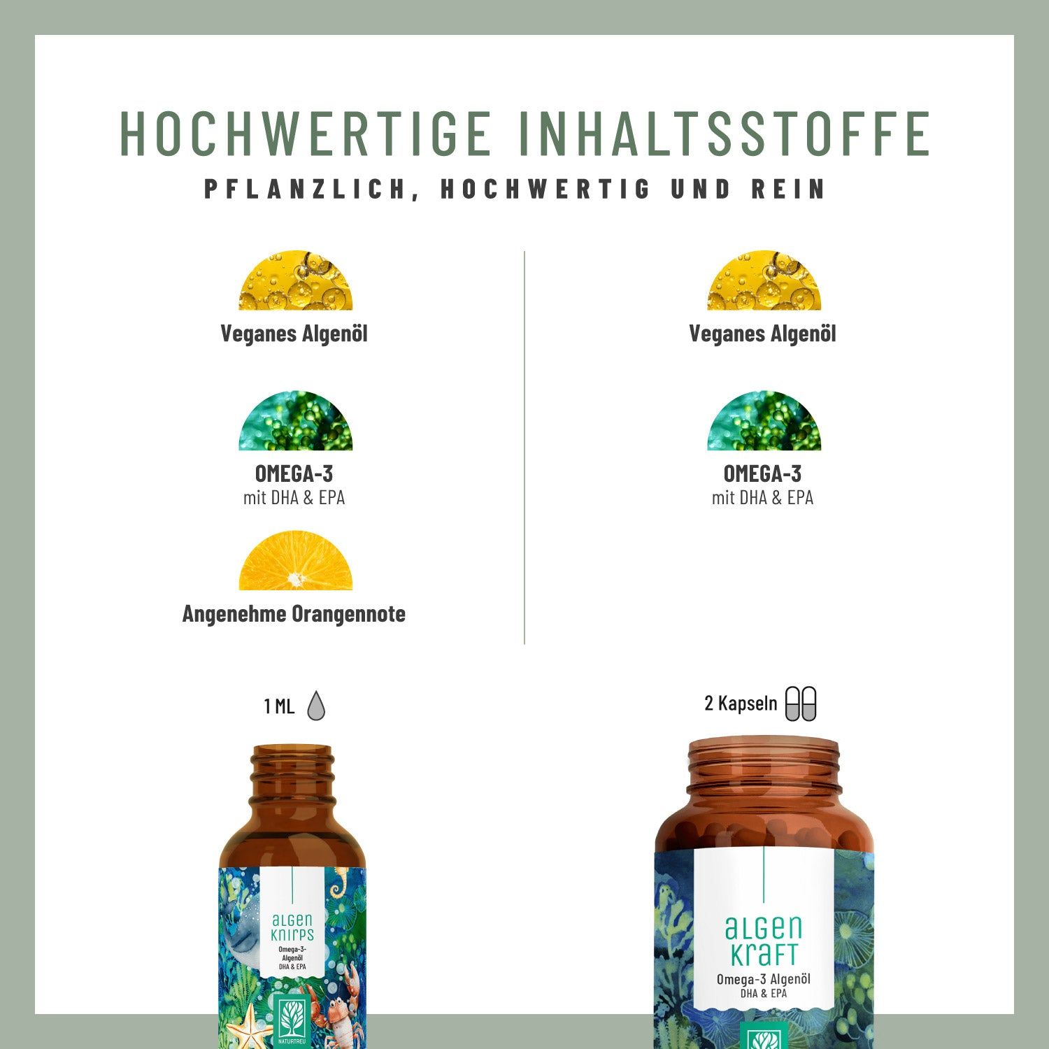 Infografik mit Produktabbildungen. Vegan Algenöl, Omega-3 mit DHA & EPA, angenehme Orangenote. 1 ml und 2 Kapseln.