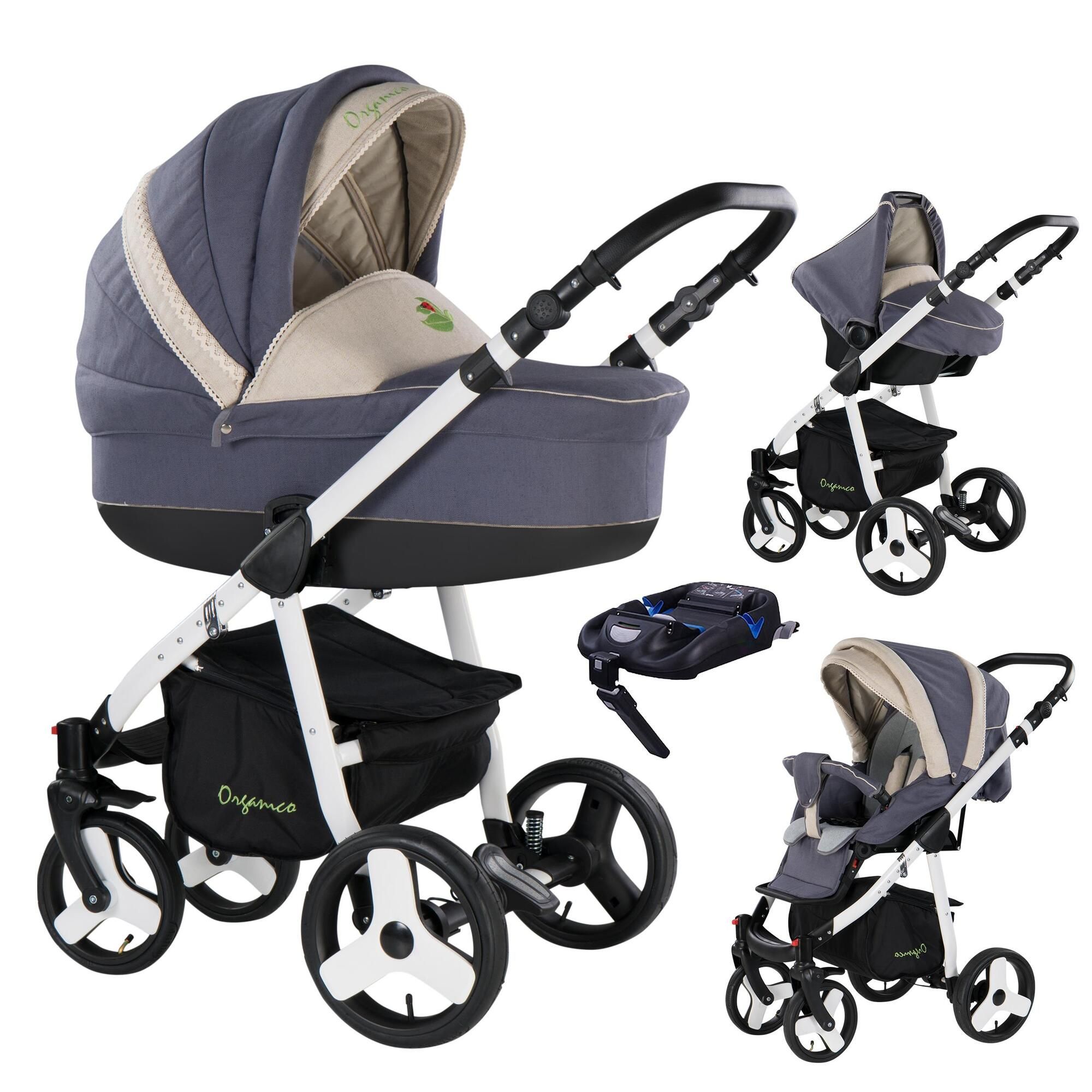 Friedrich Hugo Organico 4 in 1 Kinderwagen Komplettset & Isofix, Nature Mix Grau - Gestell Weiß