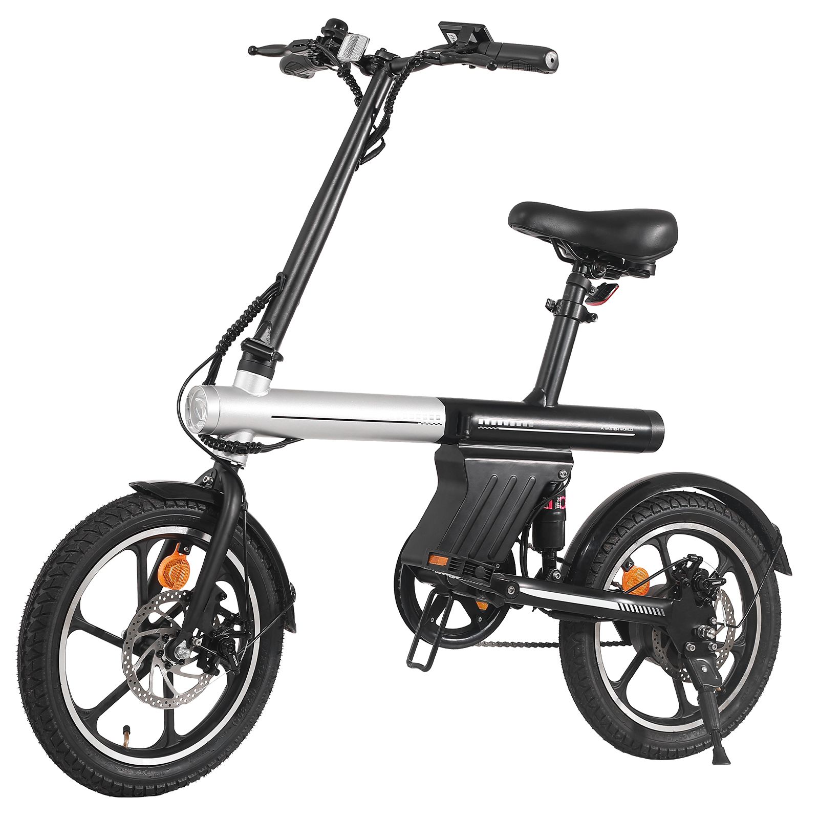Faltbares E-Bike, schwarz-silber. Scheibenbremsen, 16 Zoll Räder.