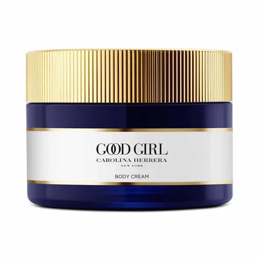 Dunkelblauer Tiegel mit goldfarbenem Deckel, "Good Girl Body Cream" Aufschrift.