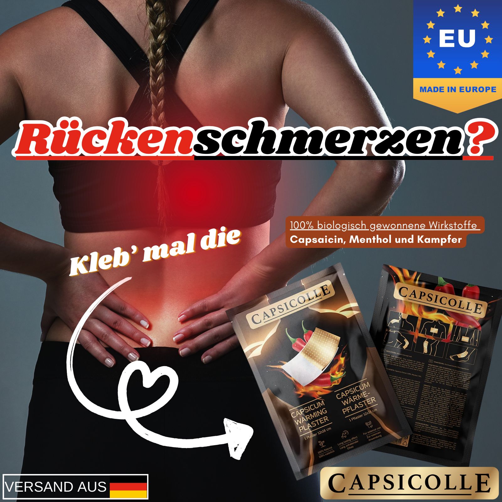 Zwei Capsicolle Wärmepflaster-Verpackungen neben einer Person, die sich den Rücken hält. Text: "Rückenschmerzen?" und "Kleb' mal die".