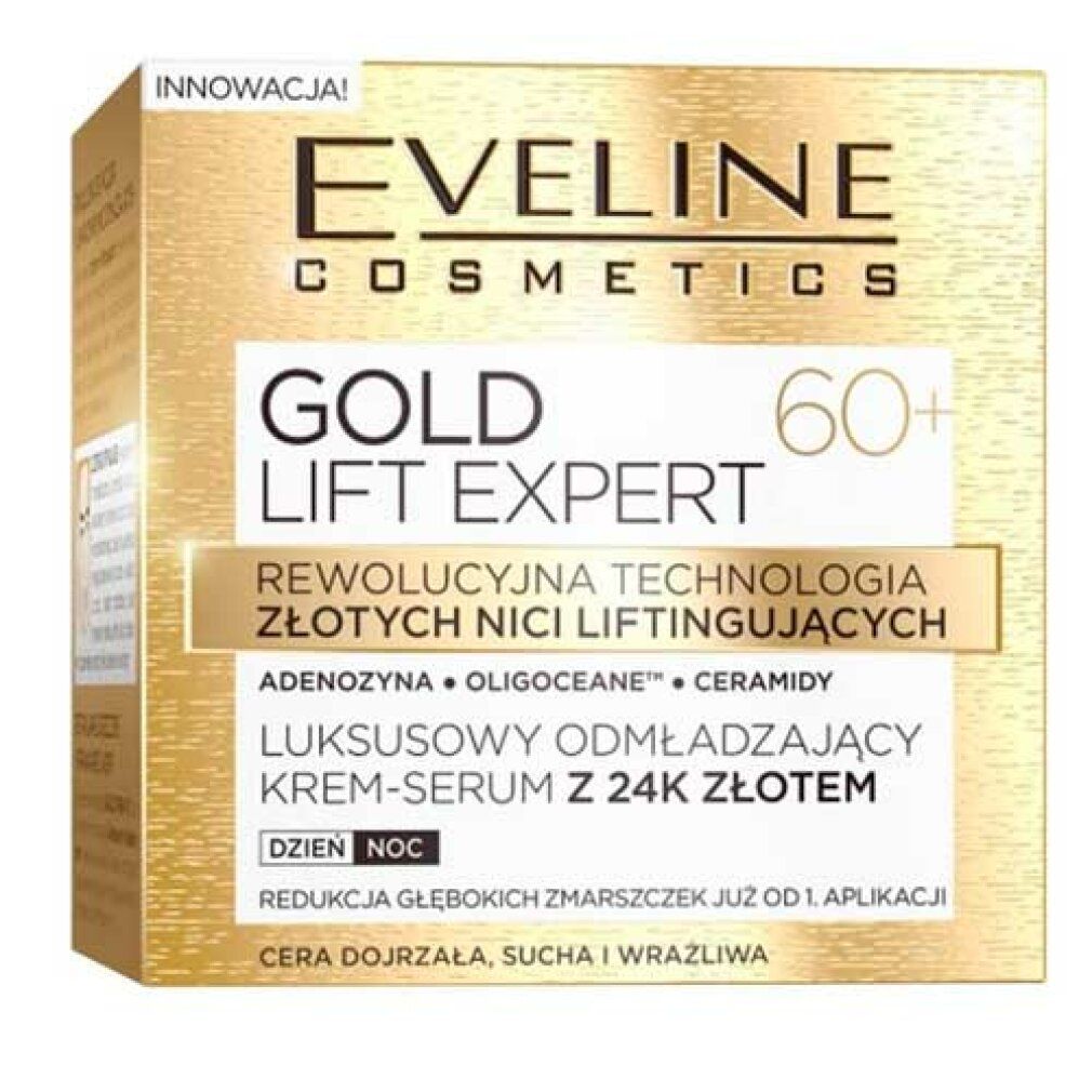 Verpackung mit Beschriftung: Eveline Cosmetics Gold Lift Expert 60+ mit 24K Gold. Tag/Nacht. Für reife, trockene und empfindliche Haut.