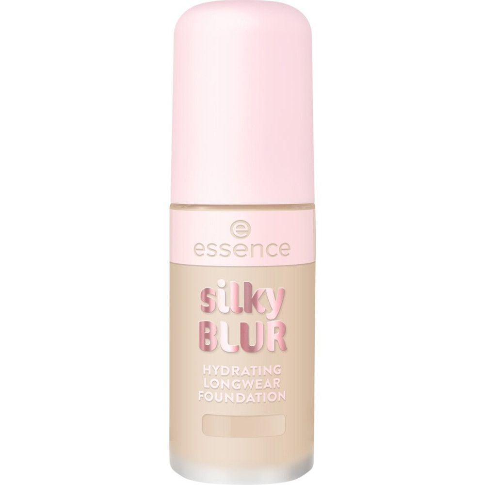 Foundation-Flakon mit rosa Deckel. Aufschrift: essence, silky blur, Hydrating Longwear Foundation.