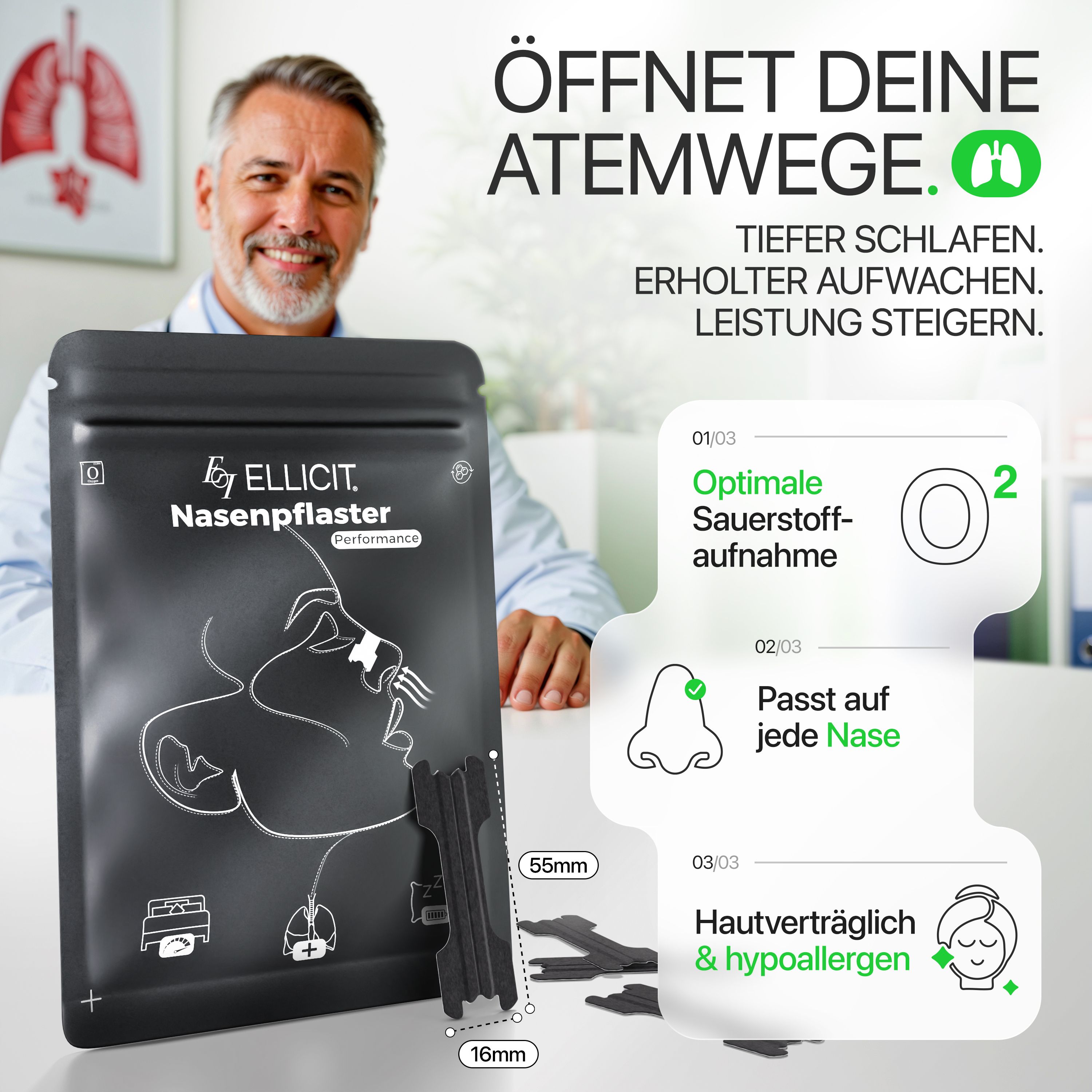Verpackung mit Nasenpflastern, daneben Pflaster. Text: ELLICIT Nasenpflaster Performance. Maße: 55mm x 16mm. Mann im Hintergrund.