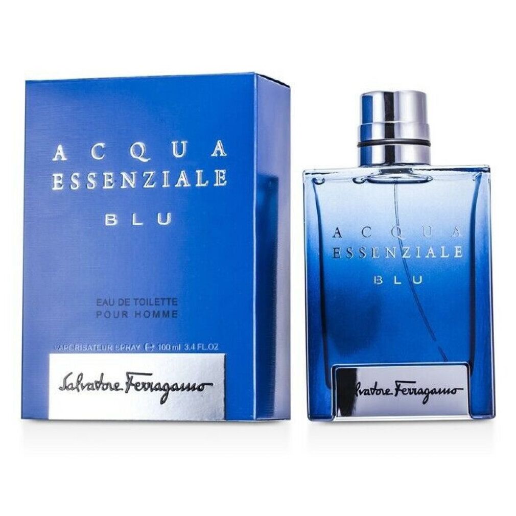 Blaues Parfümflakon und Schachtel. Aufschrift: Acqua Essenziale Blu, Salvatore Ferragamo. Flakon mit silbernem Verschluss.