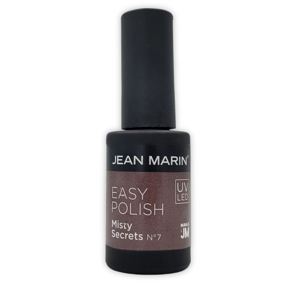 Nagellackflasche von Jean Marin. Schwarze Kappe, braune Flüssigkeit. Aufschrift: Easy Polish, Misty Secrets N°7, UV LED.