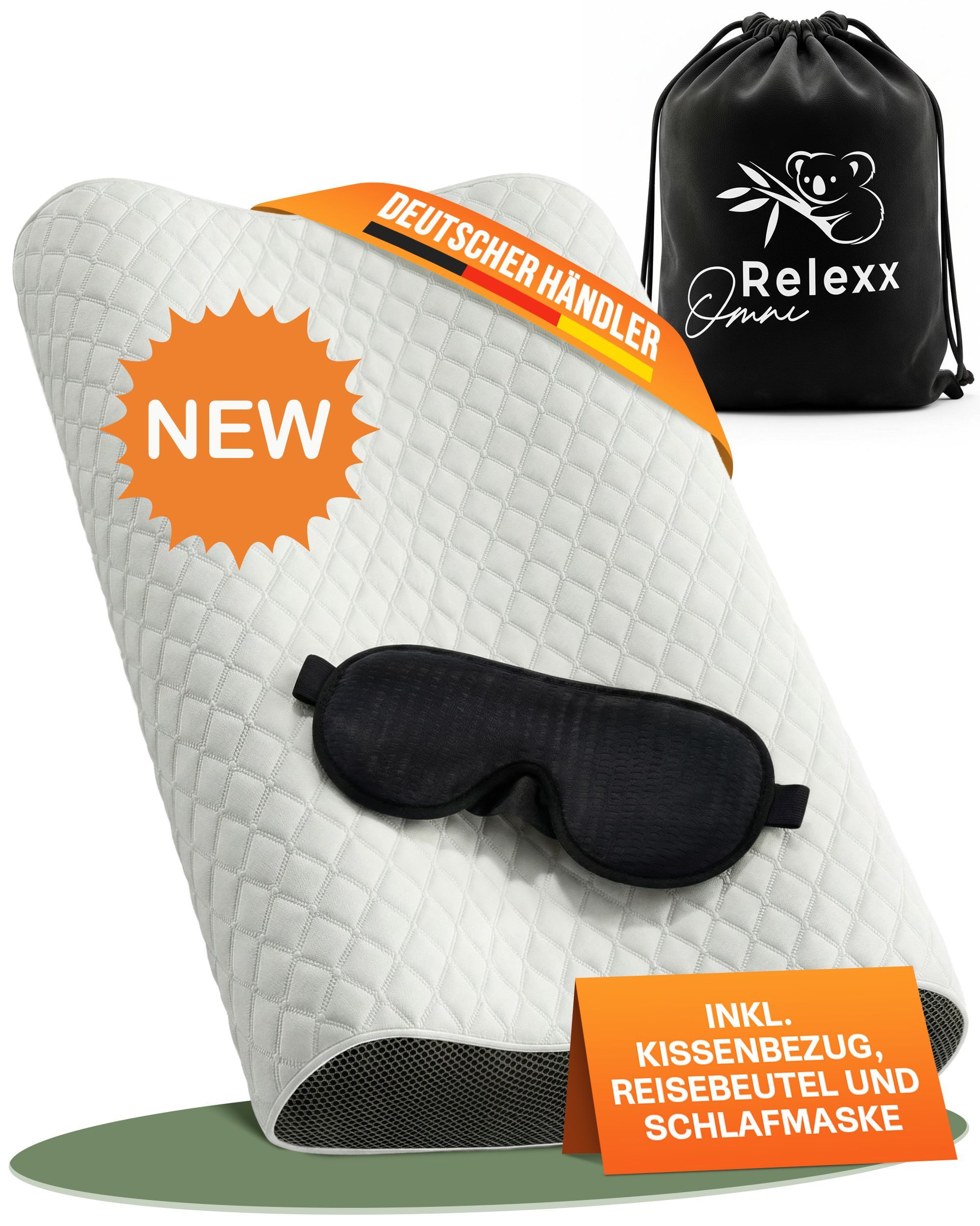 Ergonomisches Nackenkissen mit Schlafmaske und Beutel. "Neu"-Aufkleber und "Deutscher Händler"-Band.