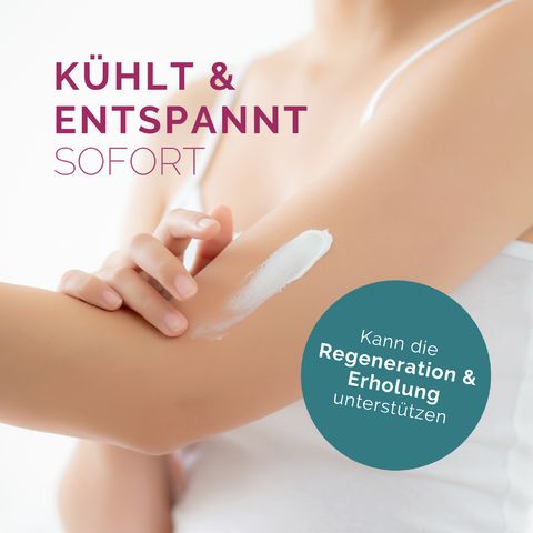 Arm mit Creme. Text: Kühlt & entspannt sofort. Kann Regeneration unterstützen.
