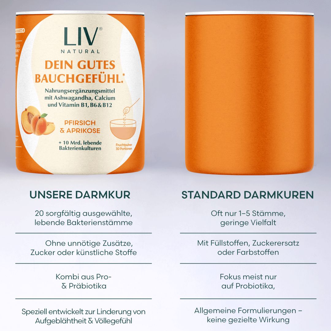 LIV Darmkur | Pfirsich Aprikose aus ganzen Früchten, mit Bakterienkulturen und Ashwagandha KSM-66®