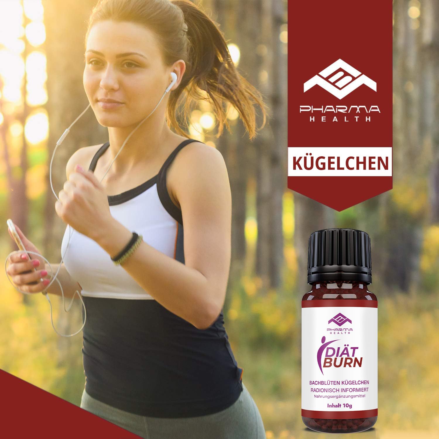 Frau beim Joggen im Wald. Flasche mit "Diät Burn" und "Pharma Health".