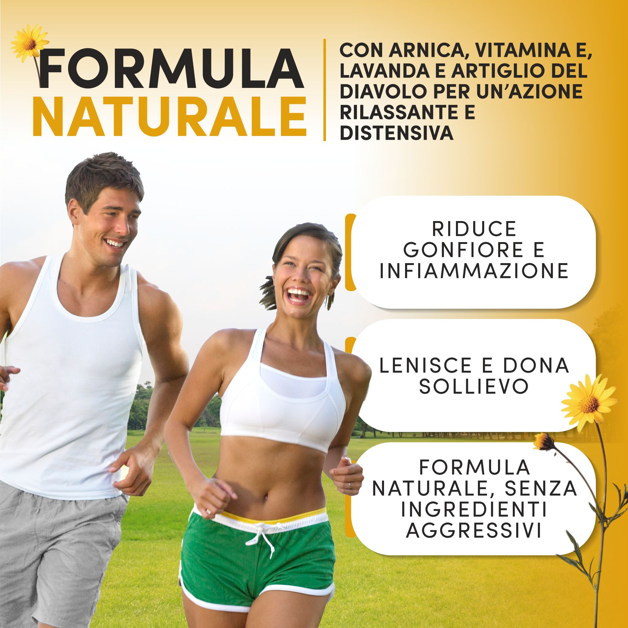 Werbung mit Läufern. Text: Formel Natural, mit Arnika, Vitamin E, Lavendel. Reduziert Schwellungen, lindert und spendet Linderung.