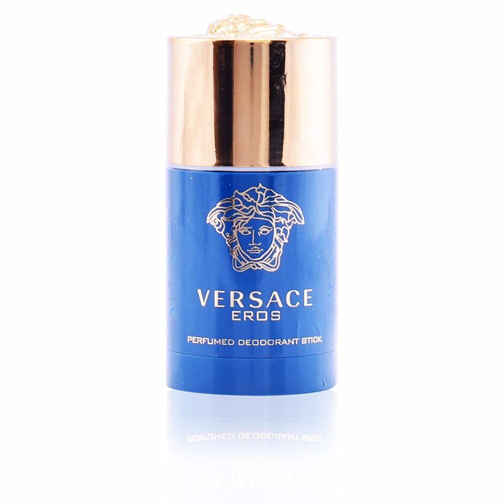 Blauer Deostift mit goldfarbenem Deckel. Aufschrift: VERSACE EROS PERFUMED DEODORANT STICK. Goldfarbenes Medusa-Logo.