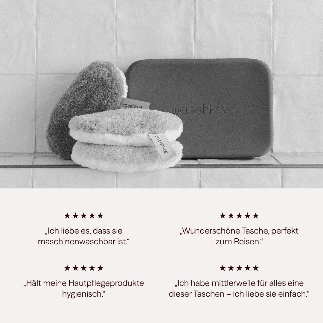 Graue Travel Bag mit zwei Waschies und zwei runden Waschies. Sterne-Bewertungen und Zitate.