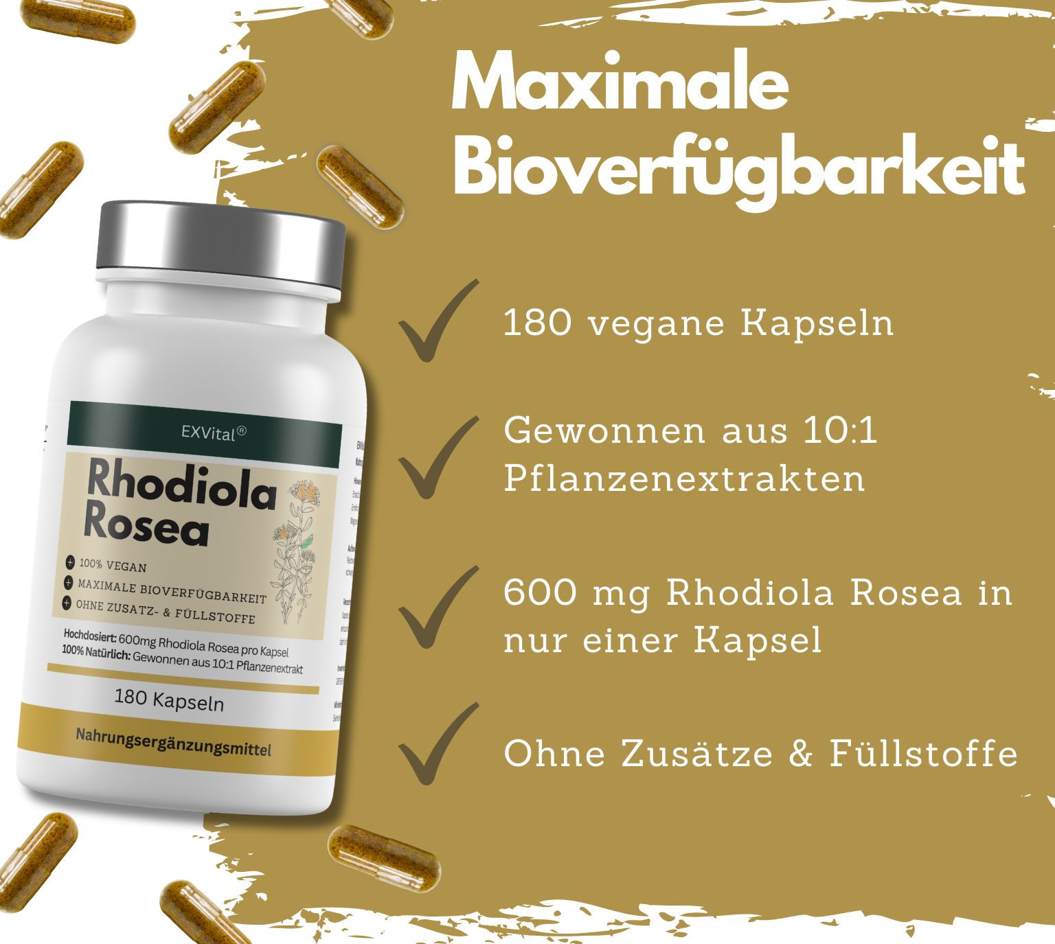 Flasche mit Kapseln. Text: Maximale Bioverfügbarkeit, 180 vegane Kapseln, gewonnen aus 10:1 Pflanzenextrakten, 600 mg Rhodiola Rosea.