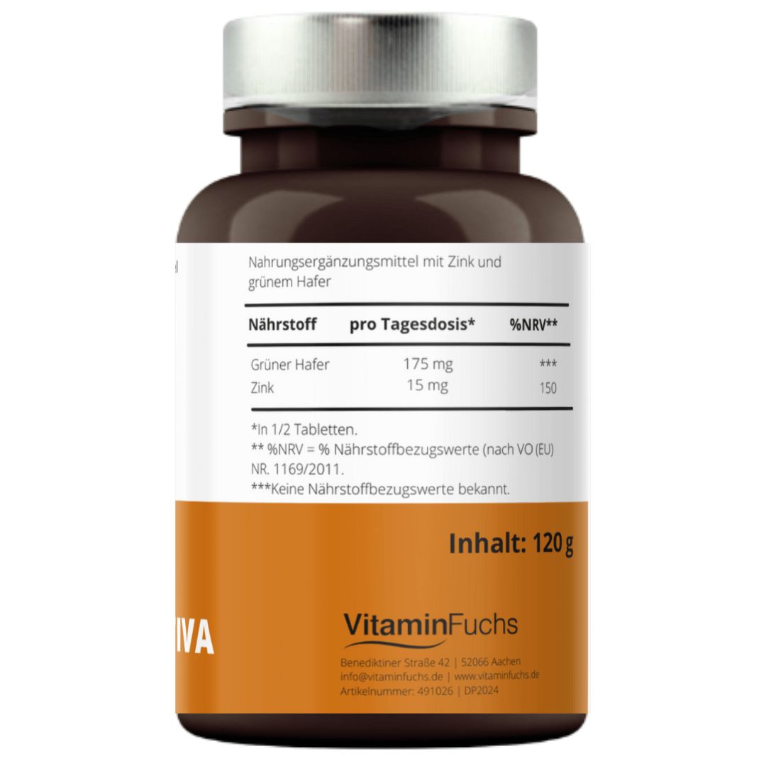 Braune Tablettenflasche mit weißem Etikett. Enthält Zink und grünen Hafer. VitaminFuchs Logo und Inhaltsangabe.