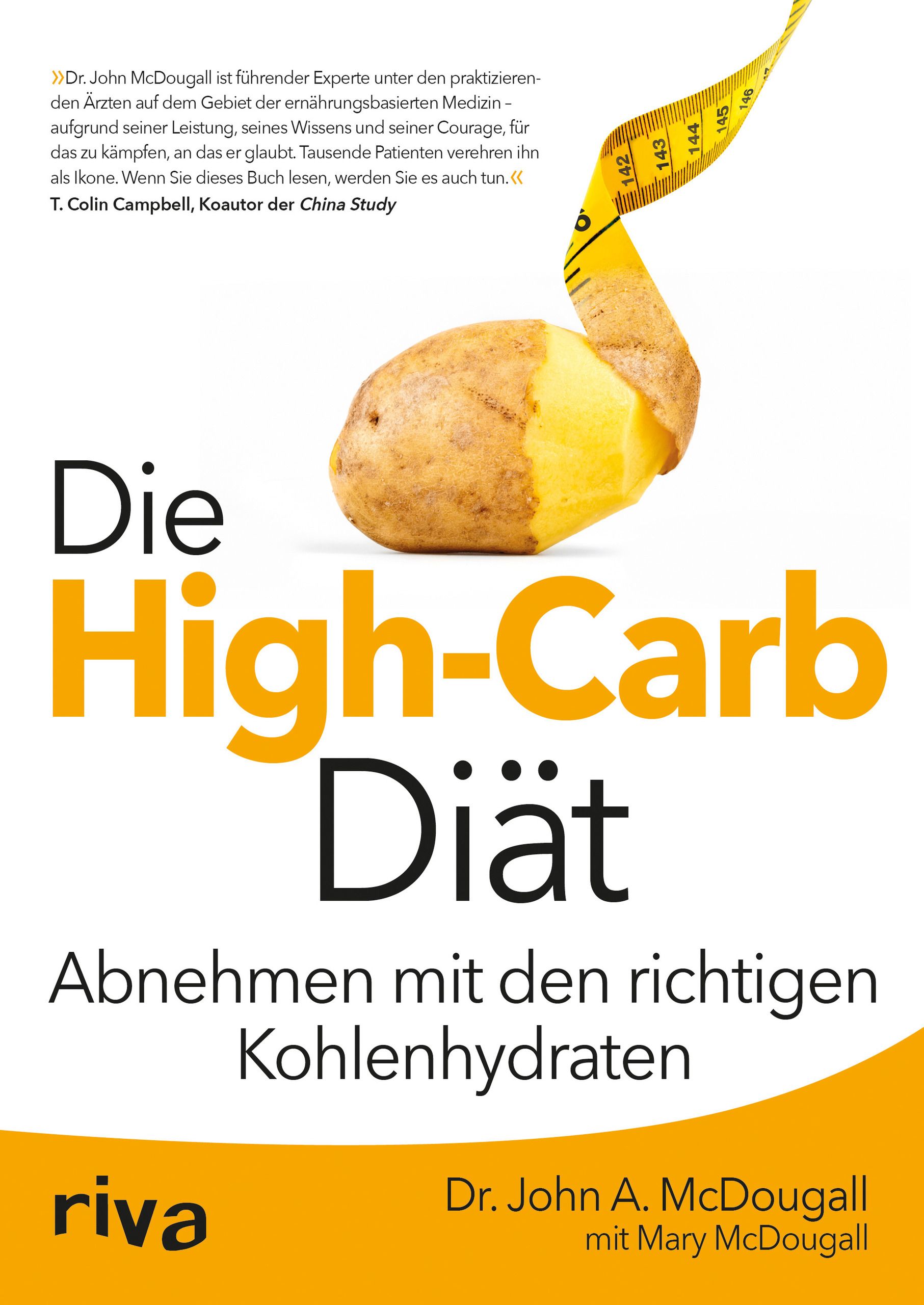Buchcover: "Die High-Carb-Diät". Kartoffel mit Maßband. Autor: Dr. John A. McDougall. Verlag: riva.