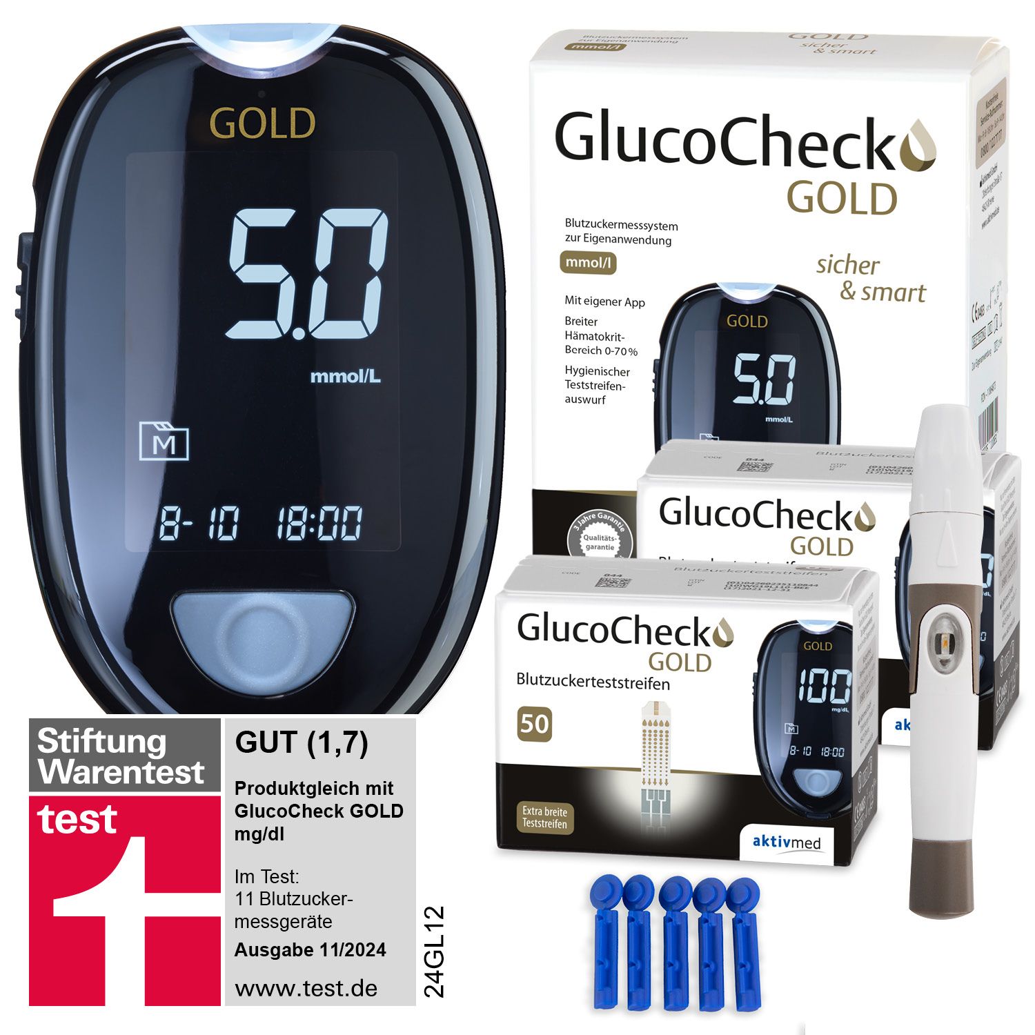 GlucoCheck GOLD Messgerät (mmol/L) + 110 Teststreifen