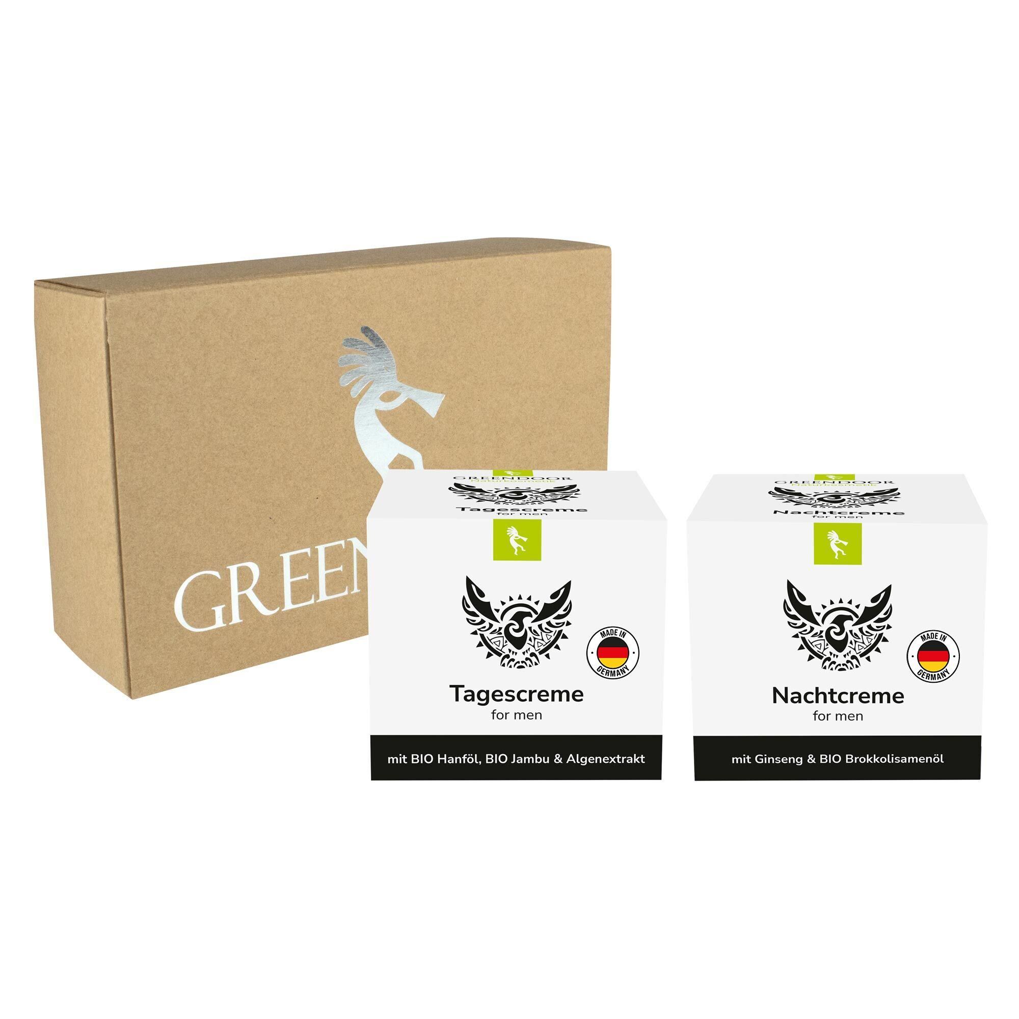 GREENDOOR Geschenk Set: Tagescreme und Nachtcreme für Männer in weißen Tiegeln, mit brauner Geschenkbox.