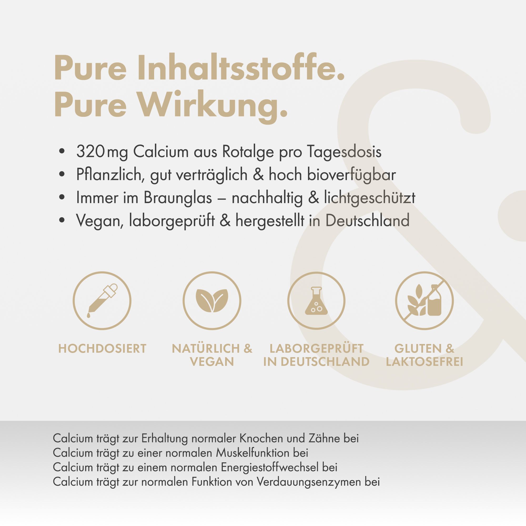 Text mit Informationen zu Calcium Kapseln. Symbole: Hochdosiert, natürlich & vegan, laborgeprüft, gluten- & laktosefrei. Text: MINERALS & ME.