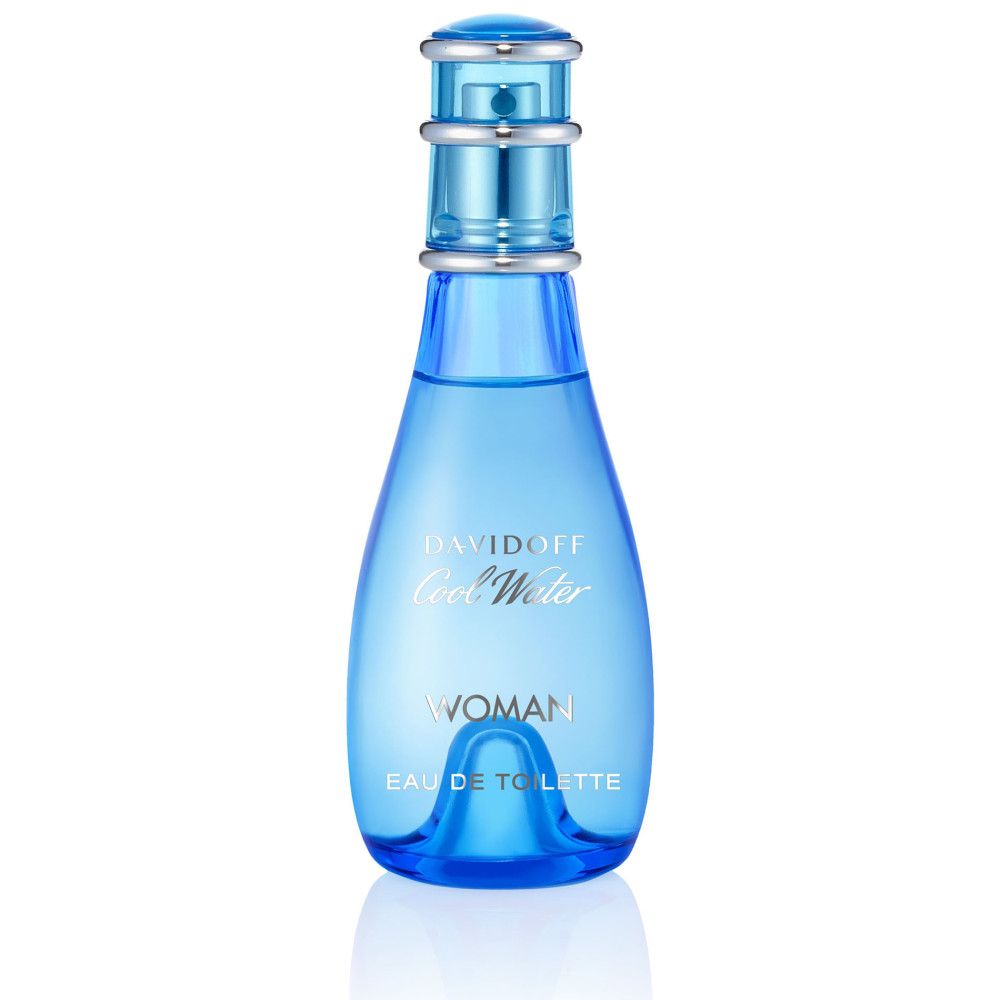 Hellblaue Flasche mit silbernem Verschluss. Aufschrift: Davidoff Cool Water Woman. Eau de Toilette.