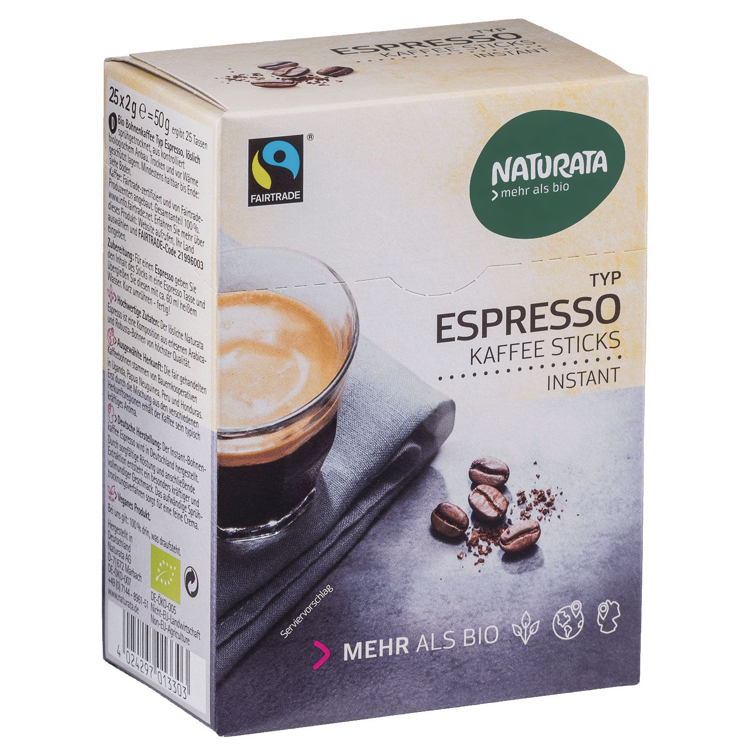 Karton mit Espresso Kaffee Sticks. Marke Naturata, Fairtrade-Siegel. Abbildung von Espresso in Glas, Kaffeebohnen.