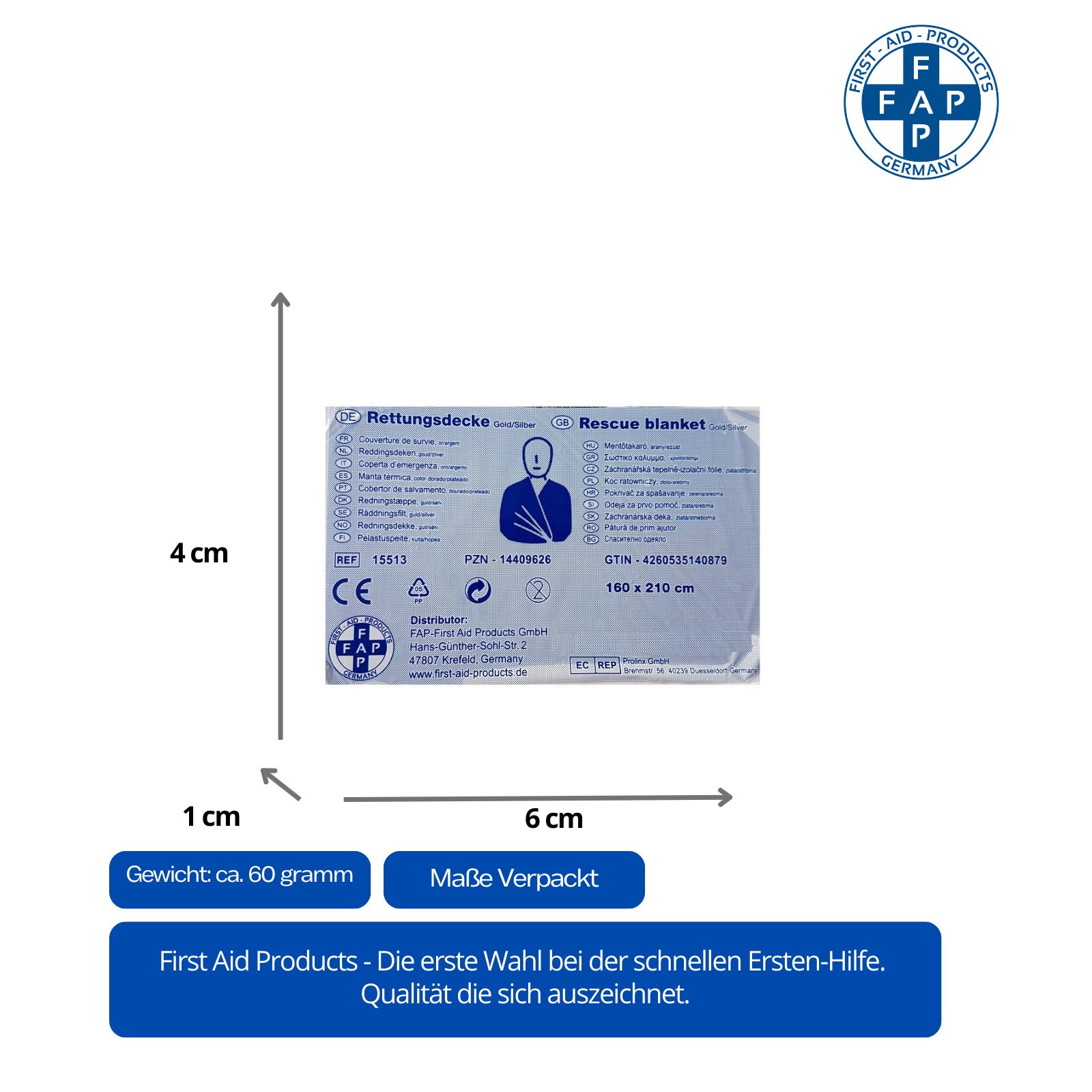 FAP First Aid Products - Erste-Hilfe Rettungsdecke 160 x 210 cm – Gold/Silber
