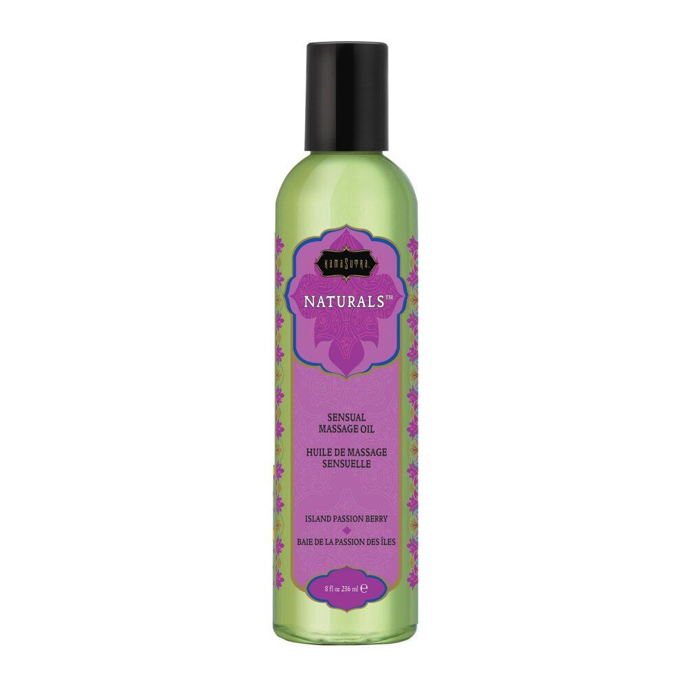Grüne Flasche mit Kamasutra Naturals Sensual Massageöl, Duft: Island Passion Berry.