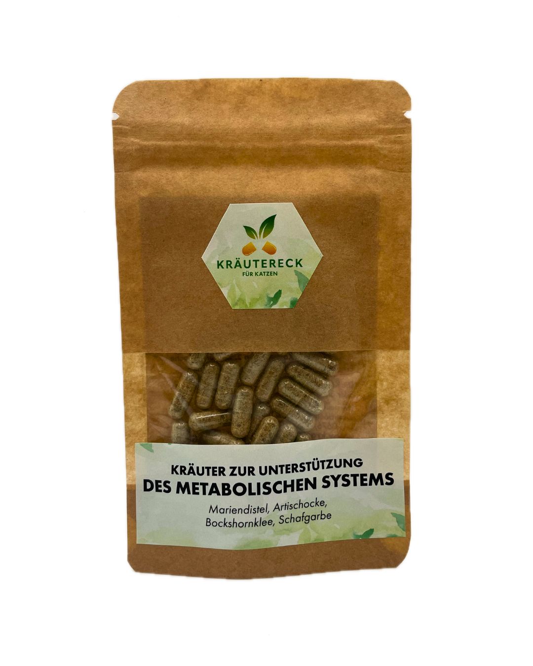 Kräuterkapseln in brauner Verpackung. Sichtbares Etikett mit Produktnamen und Inhaltsstoffen. Klare Kapseln sichtbar.