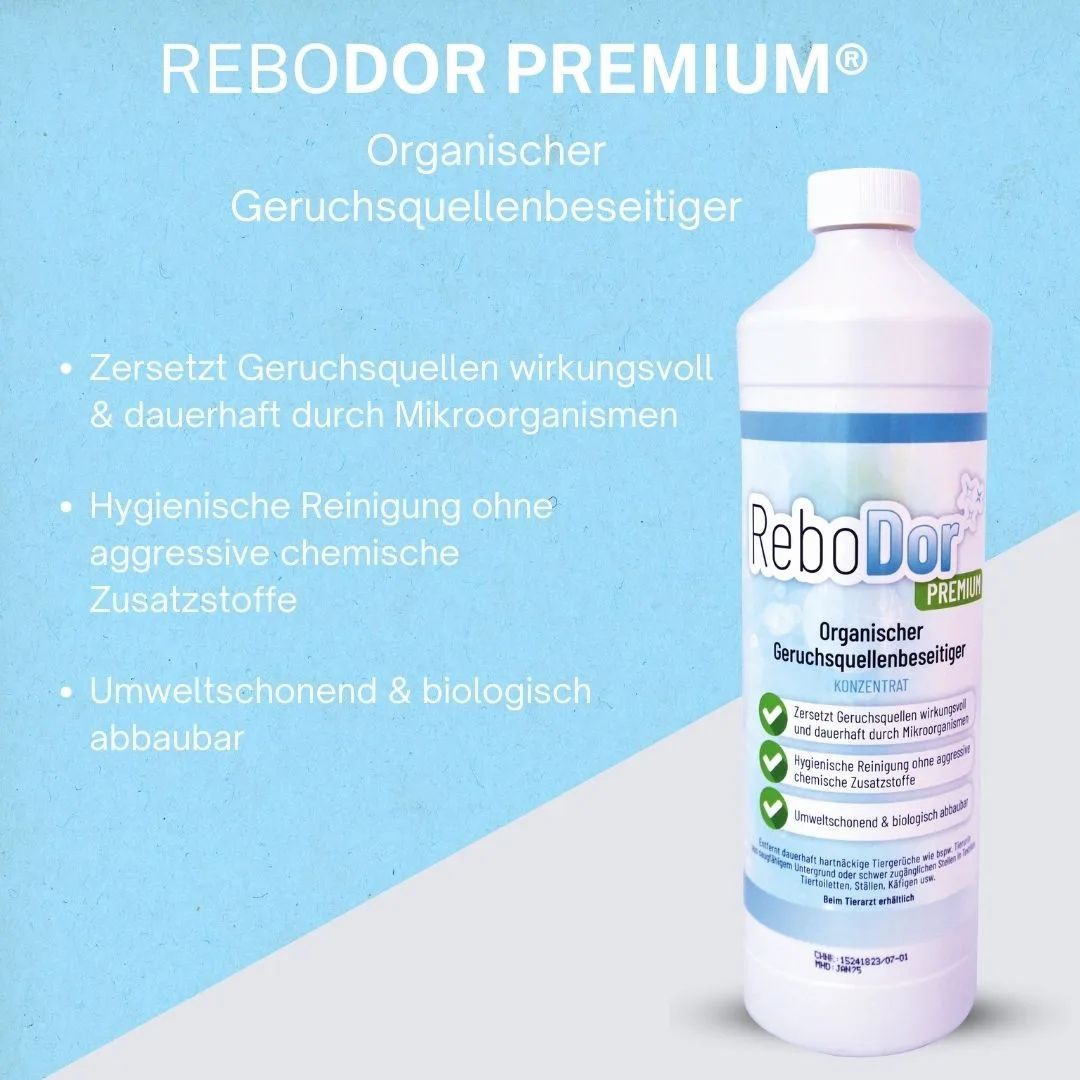 ReboDor Premium® organischer Geruchsentferner Konzentrat. Flasche und Produktvorteile.