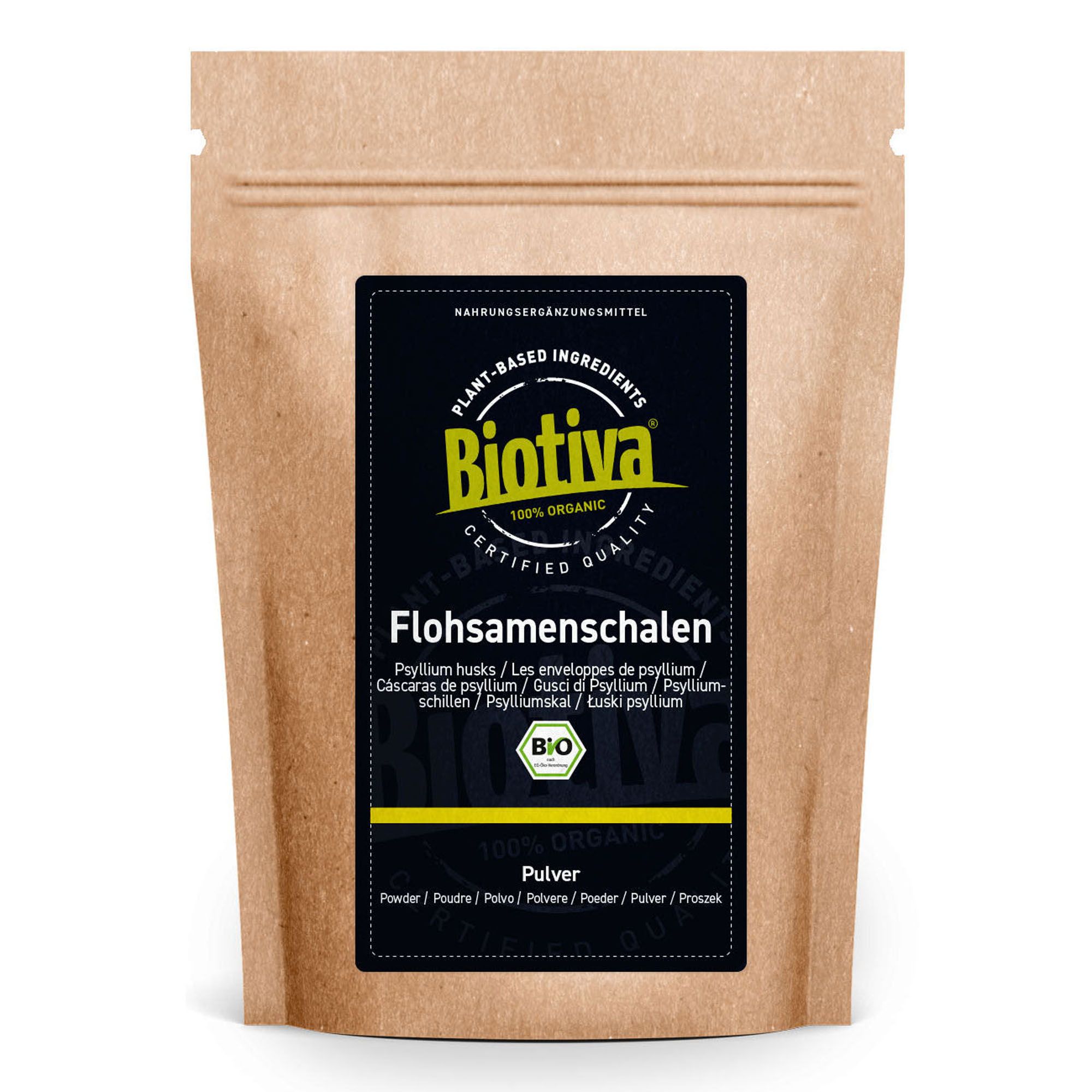 Braune Papiertüte mit schwarzem Etikett. Aufschrift: Biotiva, Flohsamenschalen, Bio, Pulver.