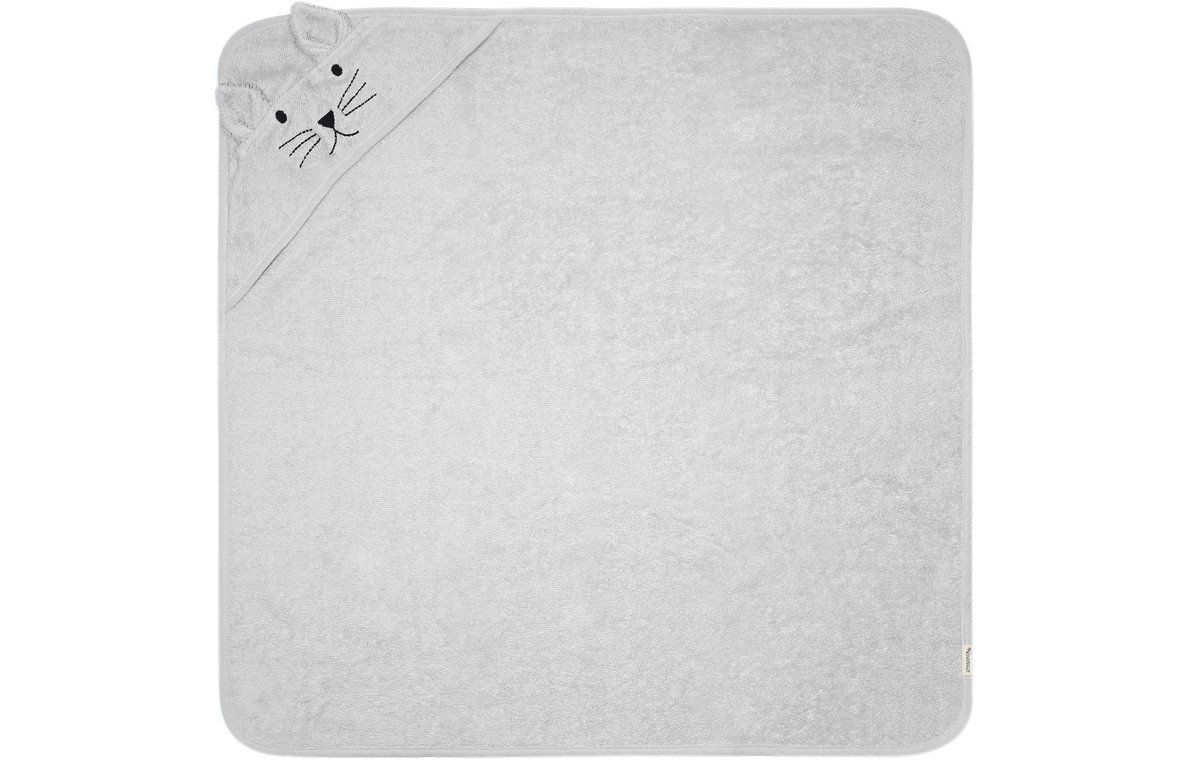 Graues Kapuzenhandtuch mit Katzenmotiv. Quadratisch, mit Kapuze und aufgesticktem Katzengesicht.