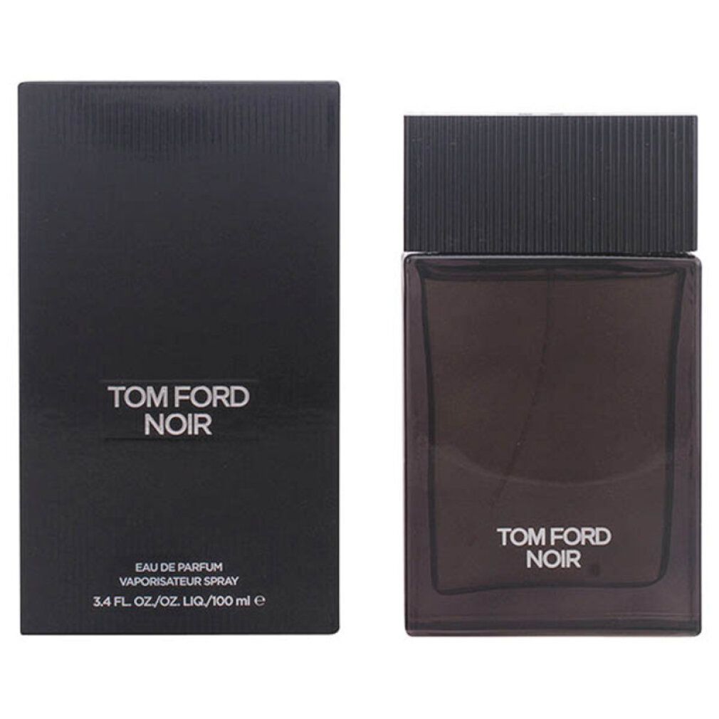 Schwarzer Flakon und Verpackung. Aufschrift TOM FORD NOIR in Weiß. Text auf der Verpackung.