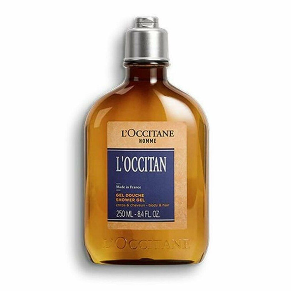 Braune Flasche mit silbernem Verschluss. Etikett mit "L'OCCITAN" und "Gel Douche".
