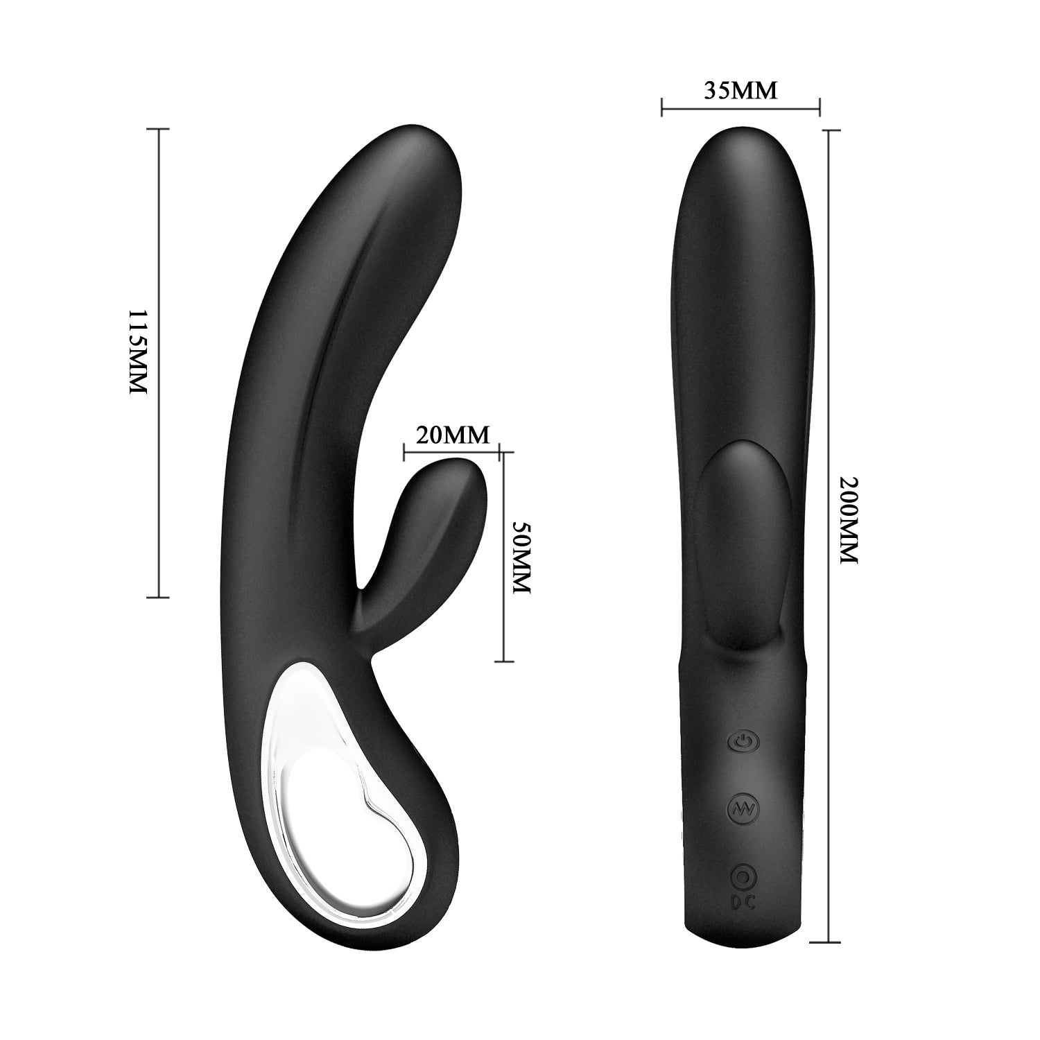 Zwei schwarze Wellness-Produkte. Maße: 115mm, 200mm, 35mm, 50mm. Mit Maßangaben.