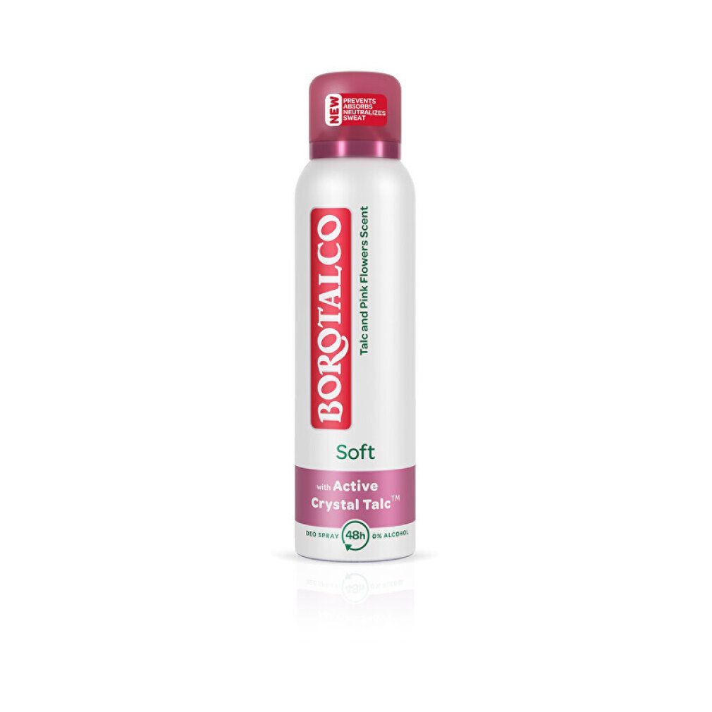 Deospray-Dose, weiß mit rosa Akzenten. Schriftzug Borotalco Soft. Enthält Active Crystal Talc. Extra Dry. Mit 48h Schutz.