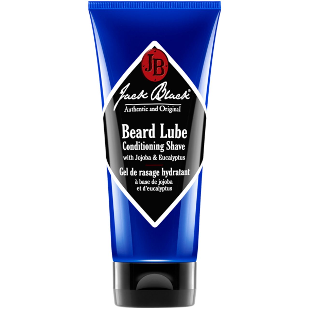 Blaue Tube mit schwarzem Deckel. Aufdruck: Jack Black, Beard Lube Conditioning Shave. Schwarzes Logo auf weißem Rautenfeld.