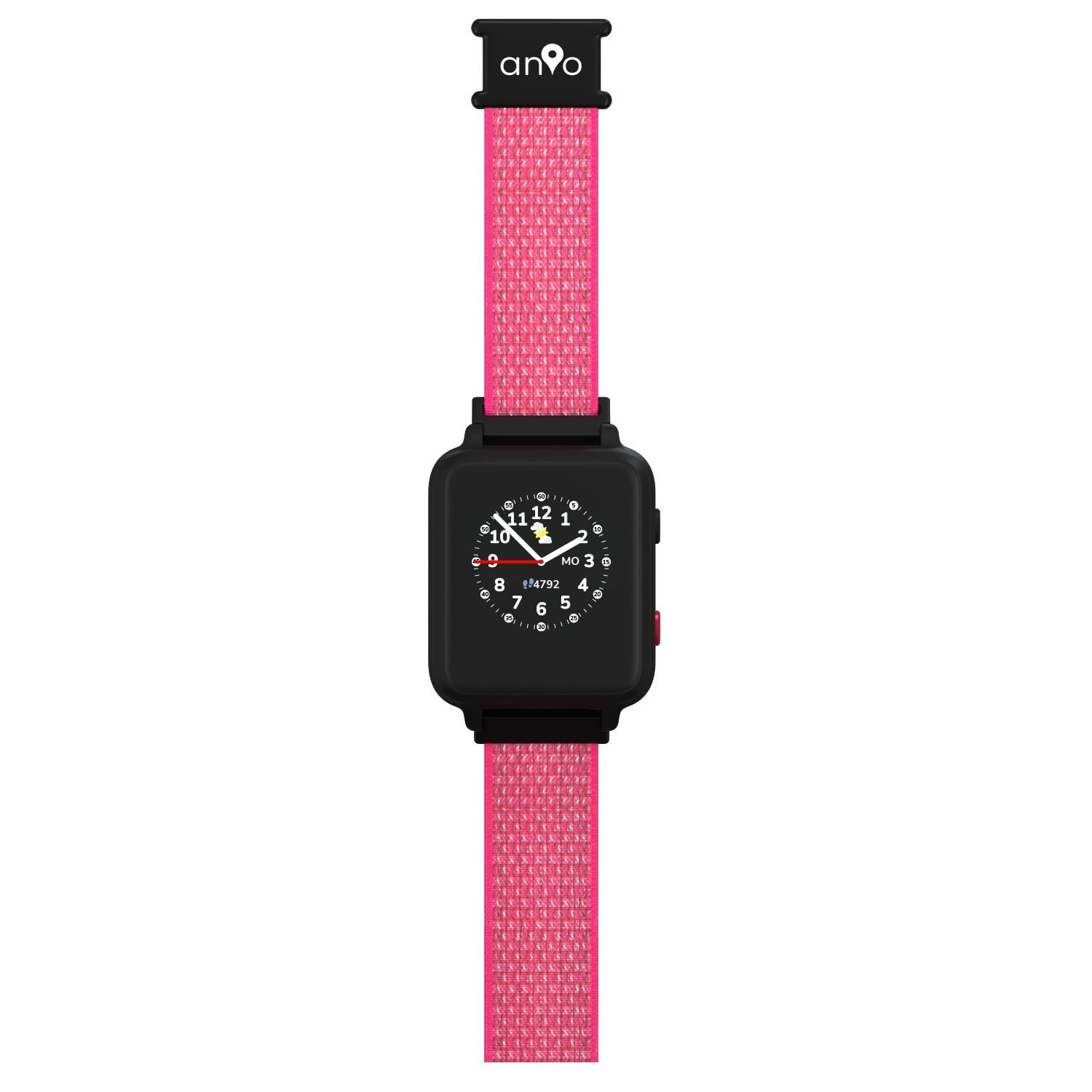 Schwarze Smartwatch mit pinkfarbenem Armband. Zifferblatt mit Zahlen und Zeigern. Marke "anvo" auf dem Armband.