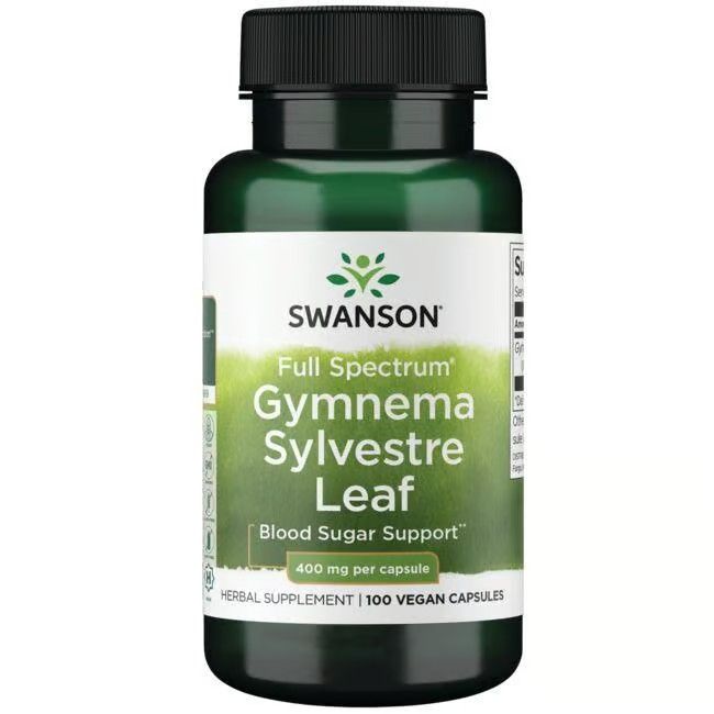 Grüne Flasche mit schwarzem Deckel. Aufschrift: Swanson, Gymnema Sylvestre Leaf, 400 mg pro Kapsel, 100 vegane Kapseln.