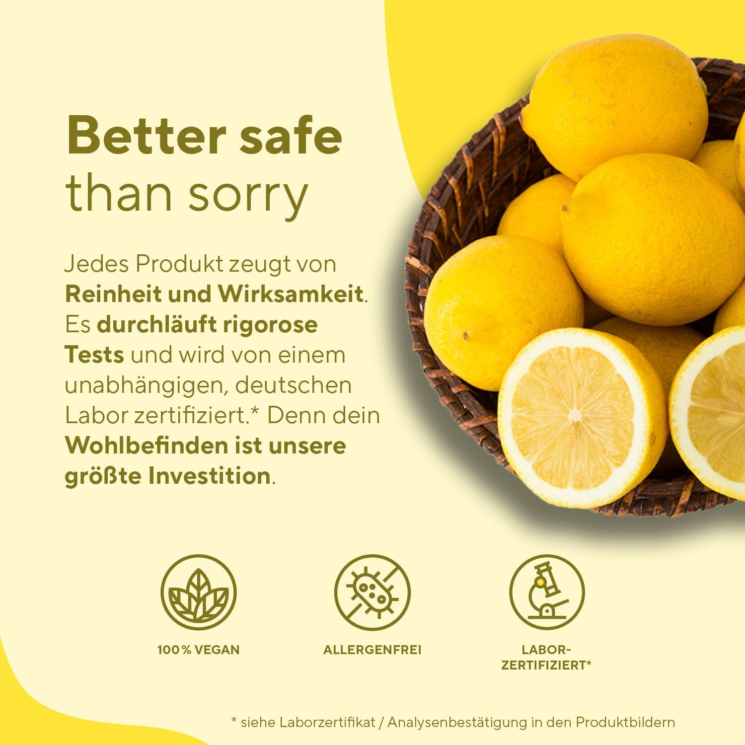 Infografik mit Text und Symbolen. Text: Better safe than sorry. 100% vegan, allergenfrei, laborzertifiziert. Symbole: Blätter, Keim, Mikroskop.