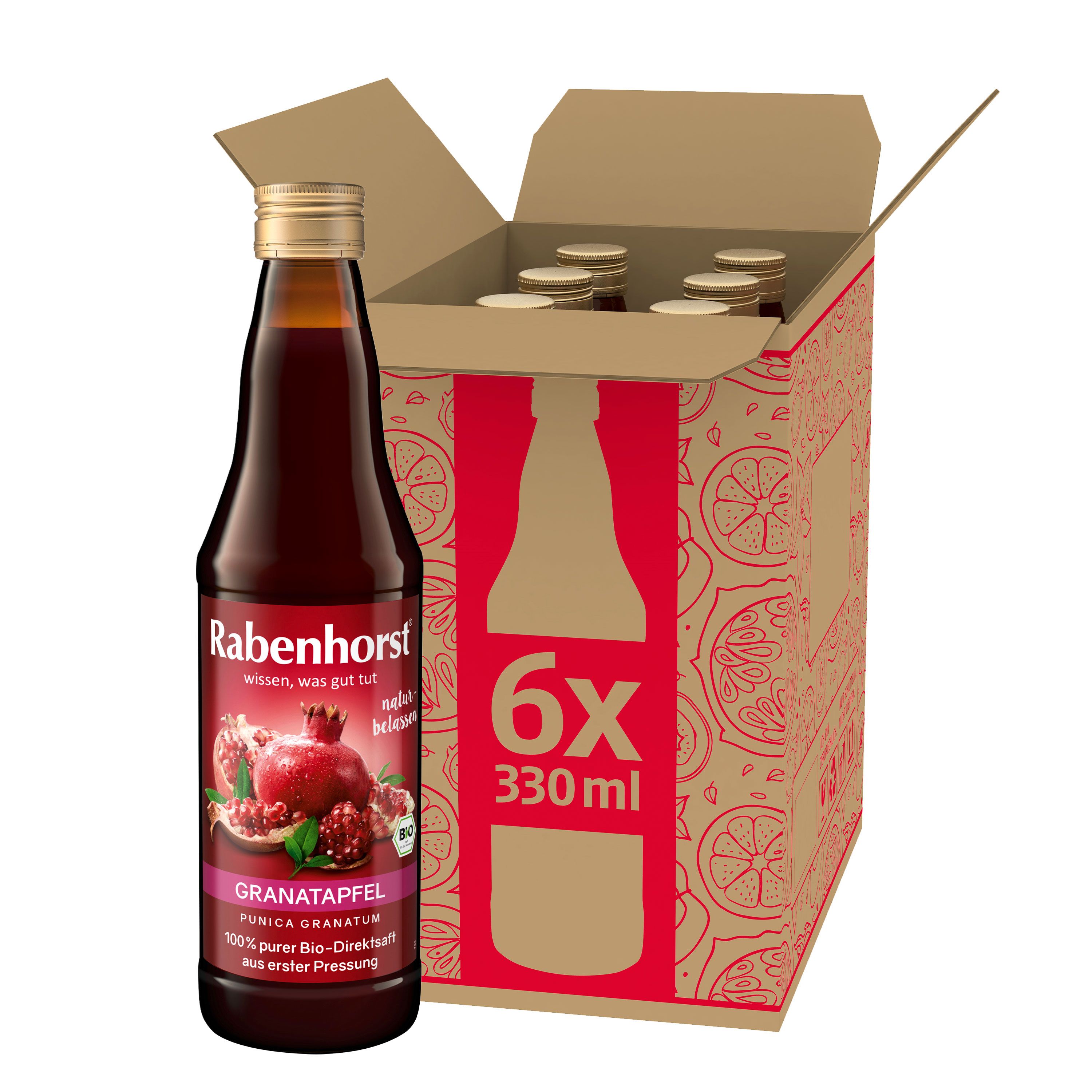 Flasche Granatapfelsaft neben Karton mit 6 Flaschen. Etikett mit Produktname und Granatapfel-Abbildung. Bio-Direktsaft.