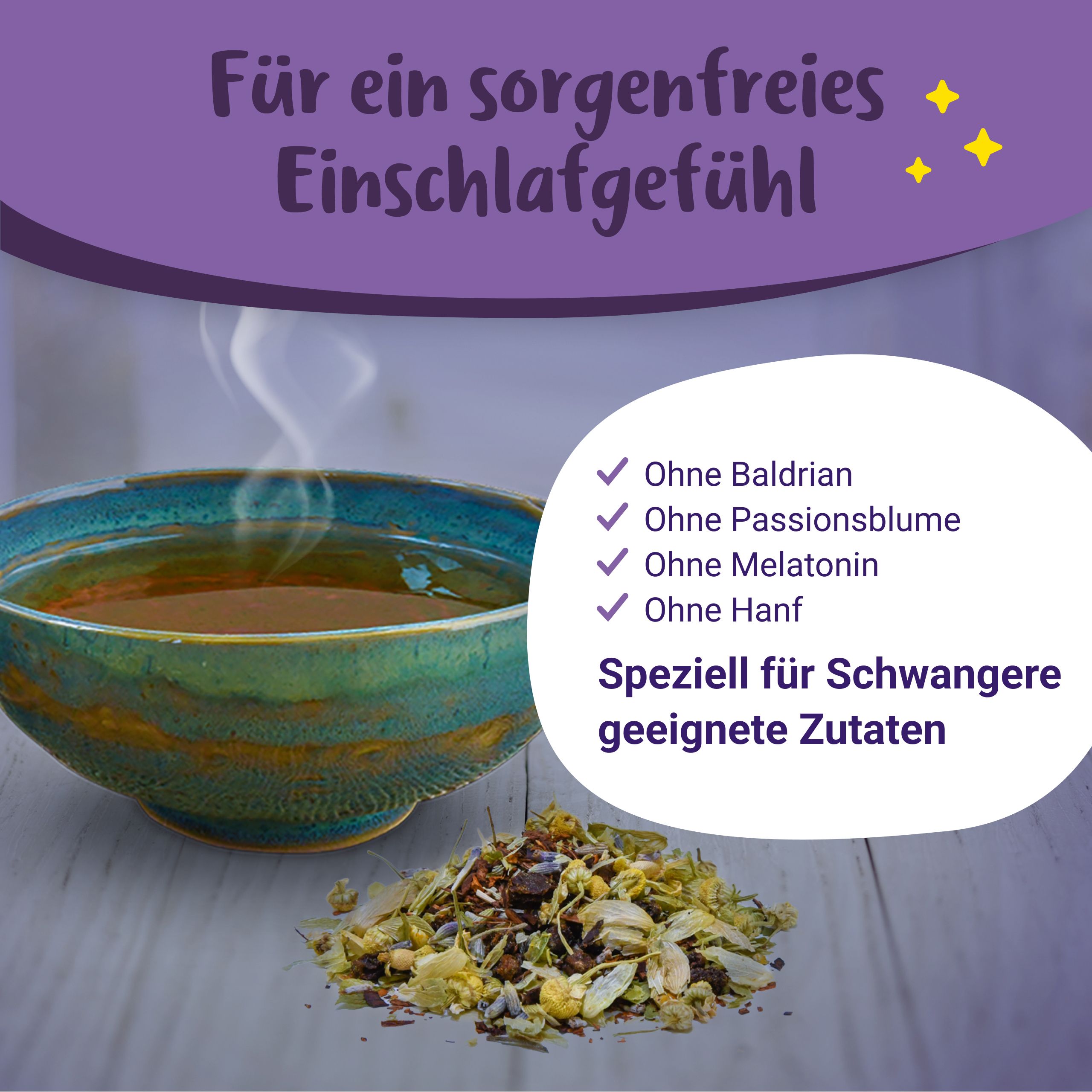 Dampfende Tasse Kräutertee, daneben trockene Kräutermischung. Text: Speziell für Schwangere geeignete Zutaten.