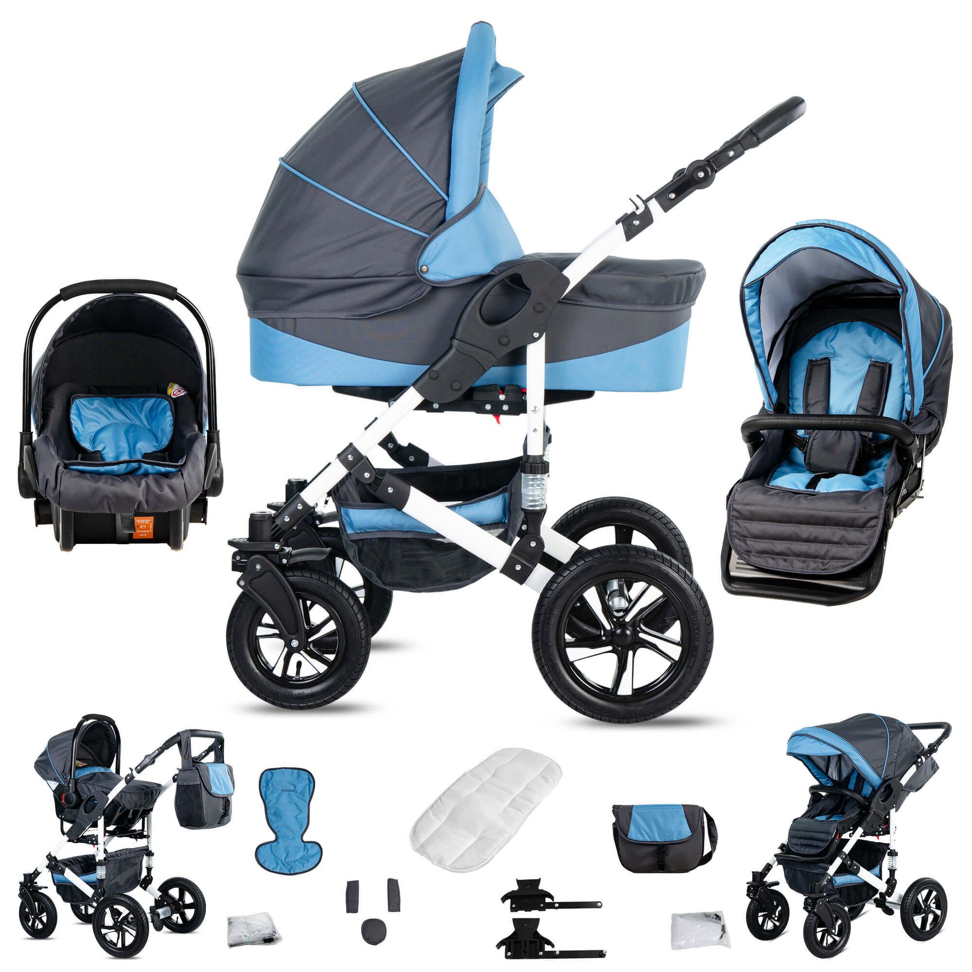 Kinderwagen-Set in Grau und Babyblau. Enthält Babywanne, Sportsitz, Babyschale und Zubehör. Luftreifen, weißes Gestell.