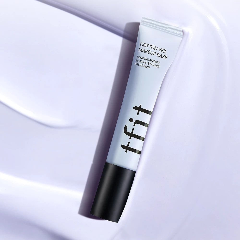 TFIT Cotton Veil Makeup Base tube, Lively Purple, on a purple background.