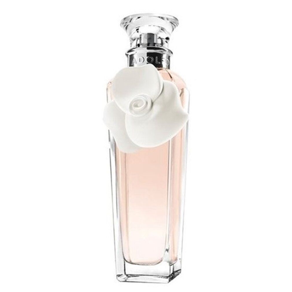 Parfümflasche mit weißer Blüte. Transparente Flasche mit weißer Blüte auf der Vorderseite. Klarer Verschluss.