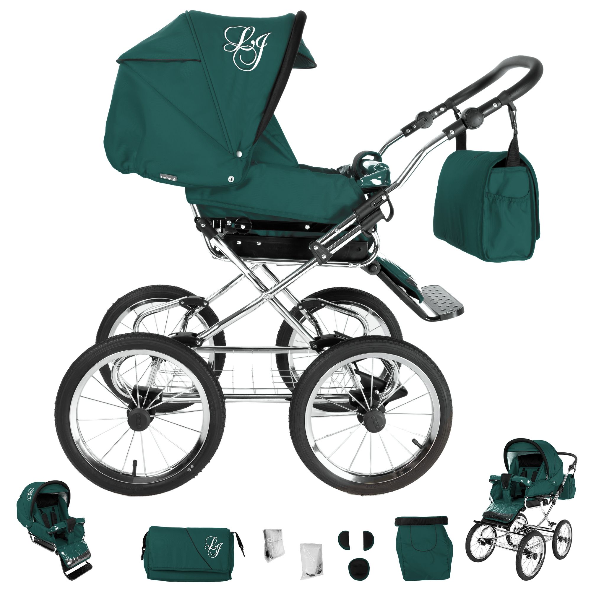 Bebebi Loving 4 in 1 Kinderwagen Komplettset ISOFIX Basis Nostalgie Kinderwagen, Green Ardent Peak
